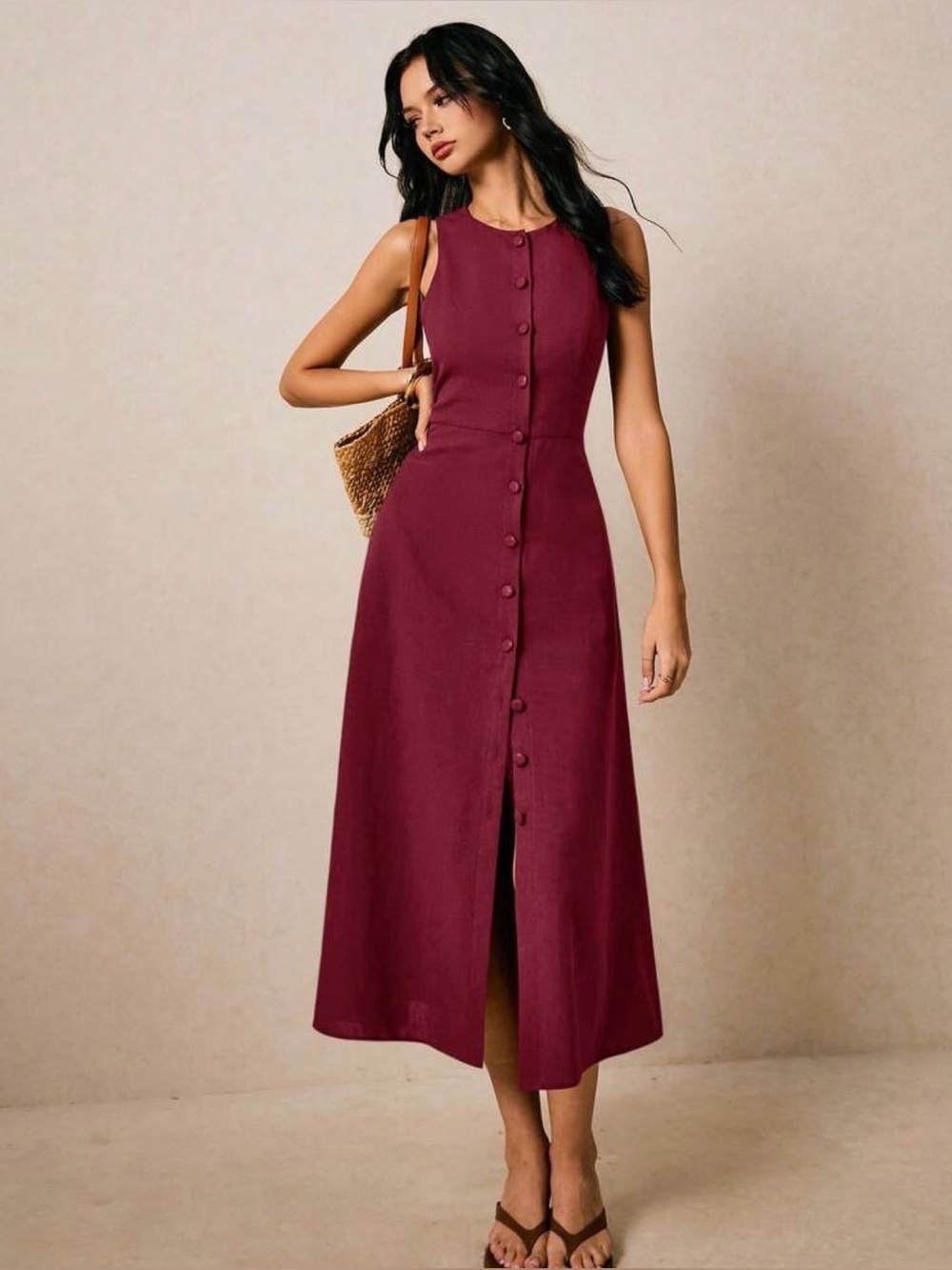 Sleeveless Button-Front Midi Dress in Burgundy